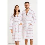 Mira Home Kapşonlu Unisex Beyaz Çizgili Banyo Deniz Plaj Peştemal Bornozu Pamuklu - Kırmızı