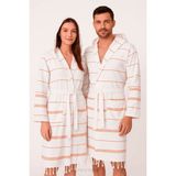 Mira Home Kapşonlu Unisex Beyaz Çizgili Banyo Deniz Plaj Peştemal Bornozu Pamuklu - XL - Kırmızı