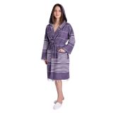 Mira Home Kapüşonlu Kadın/Erkek Peştemal Bornoz Soft%100 Pamuklu Natural Unisex (Mor, L)