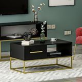 Mira Kapaklı Orta Sehpa, Gold Ayak, Modern Tasarım - 90 cm, Ev-Ofis, Siyah/Gold