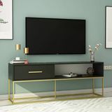 Mira Tv Sehpası 160 Cm – Kapaklı Ve Raflı, Gold Ayak, Modern Tasarım Siyah/Gold