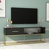 Mira Tv Ünitesi 160 cm – Kapaklı ve Raflı, Gold Ayak, Modern Tasarım - Siyah - Gold - Renk