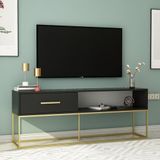 Mira TV Ünitesi 160 cm – Kapaklı ve Raflı, Gold Ayak, Modern Tasarım, Siyah/Gold