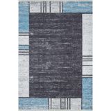 MiraBhayandar Mavi Çerçeveli Modern Geometrik Etnik Desenli Boho Makinada Yıkanabilir Hav Toz Vermez Leke Tutmaz Kaymaz Taban Dijital Makine Baskı Halı Oturma Odası Salon Yolluk Koridor Mutfak Halısı