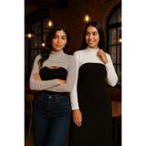 mirach 2’li Set Beyaz ve Çizgili Dik Yaka Boyunluklu Kolluk Modeli Uzun Kollu Tesettür İçlik Penye Pamuk Likralı Esnek