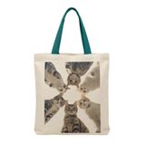 MİRAİ Altı Farklı Kedi (Yuvarlak Komposisyon/Mercekle Yakın Çekim) Özel Baskılı Krem Kanvas Omuz Çantası/Tote Bag - Petrol Yeşili Sap - Bireysel ve Kurumsal Siparişe Uygun
