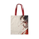 MİRAİ Doğu Asya Esintili Kadın Profili (Geleneksel Makyaj ve Saç Süsleri) Özel Baskılı Krem Kanvas Omuz Çantası/Tote Bag - Kırmızı Sap - Bireysel ve Kurumsal Siparişe Uygun