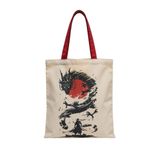 MİRAİ Ejderha, Kırmızı Güneş ve Samuray Silüeti (Sumi-e Esintili) Özel Baskılı Krem Kanvas Omuz Çantası/Tote Bag - Bordo/Kırmızı Sap - Bireysel ve Kurumsal Siparişe Uygun