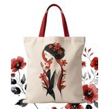 MİRAİ Gelincik/Kırmızı Çiçek ve Kadın Profili (Suluboya Esintili) Özel Baskılı Krem Kanvas Omuz Çantası/Tote Bag - Kırmızı Sap - Bireysel ve Kurumsal Siparişe Uygun