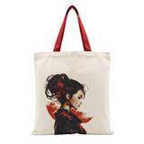 MİRAİ Japon Esintili Kimono ve Topuz (Kırmızı Çiçek ve Küpe Detaylı) Kadın Profili Özel Baskılı Krem Kanvas Omuz Çantası/Tote Bag - Kırmızı Sap - Bireysel ve Kurumsal Siparişe Uygun