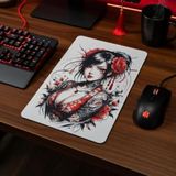 MİRAİ Japon Samuray Kız Temalı Mouse Pad, 28x40 Cm, Beyaz Siyah Kırmızı, Kauçuk Taban, Kaymaz Özellikli - Bireysel ve Kurumsal Siparişe Uygun