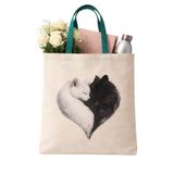 MİRAİ Kalp Formlu Siyah-Beyaz İkili Kedi (Yumuşak Eskiz) Özel Baskılı Krem Kanvas Omuz Çantası/Tote Bag - Koyu Yeşil Sap - Bireysel ve Kurumsal Siparişe Uygun