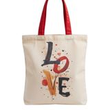 MİRAİ “LOVE” Tipografisi (Suluboya ve Fırça Çizgisi, Kalp ve Sıçrama Detayları) Özel Baskılı Krem Kanvas Omuz Çantası/Tote Bag - Kırmızı Sap - Bireysel ve Kurumsal Siparişe Uygun