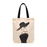 MİRAİ Minimalist Moda İllüstrasyonu (Geniş Kenarlı Şapka ve Abiye Silüet) Kanvas Tote Çanta - Bireysel ve Kurumsal Siparişe Uygun