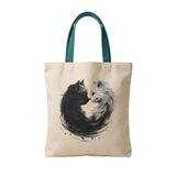 MİRAİ Siyah-Beyaz İkili Kedi (Denge ve Uyum Motifi/Yin-Yang Esintili) Özel Baskılı Krem Kanvas Omuz Çantası/Tote Bag - Koyu Yeşil Sap - Bireysel ve Kurumsal Siparişe Uygun