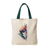 MİRAİ Suluboya Tarzı Siyah-Beyaz Kedi ve Bitki Motifli Özel Baskılı Krem Kanvas Omuz Çantası/Tote Bag - Koyu Yeşil Sap - Bireysel ve Kurumsal Siparişe Uygun