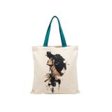 MİRAİ Suluboya ve Mürekkep Sıçrama Tarzı Kadın Portresi (Geniş Kenarlı Şapka) Özel Baskılı Krem Kanvas Omuz Çantası/Tote Bag - Petrol Yeşili/Turkuaz Sap - Bireysel ve Kurumsal Siparişe Uygun