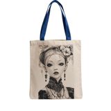 MİRAİ Vintage/Gotik Esintili Kadın Portresi (Çiçekli Topuz ve Dantel Detay) Özel Baskılı Krem Kanvas Omuz Çantası/Tote Bag - Mavi Sap - Bireysel ve Kurumsal Siparişe Uygun