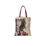 MİRAİ Zambak ve Çiçek Motifli Kadın Portresi (Kısa Saç, Düşünsel İfade) Özel Baskılı Krem Kanvas Omuz Çantası/Tote Bag - Bordo/Kırmızı Sap - Bireysel ve Kurumsal Siparişe Uygun