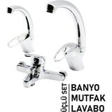 MiraLive 3lü Set Banyo - Evye Mutfak - Lavabo Aç Kapa Mix Batarya Musluk (K95) - 1 - Renkli