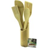MiraLive 5pcs Ahşap Bambu Mutfak Seti Stand - Kaşık - Çatal - 2 Spatula Fileli (K95) - Renkli - 1