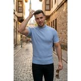MiraLive Erkek Fitilli Triko Dokuma Kısa Kol Tişört Yarım Boğaz Modern Yazlık T-Shirt - Bebe Mavisi - XL