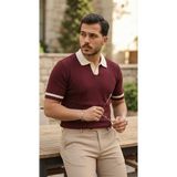 MiraLive Erkek Renkli Yakalı File Desenli Kısa Kollu Tişört - Bordo