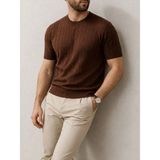 MiraLive Erkek Yazlık Triko Dokuma Tişört Kısa Kol Bisiklet Yaka Örgü Desenli T-Shirt - Kahverengi
