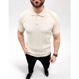 MiraLive Erkek Yazlık Triko Tişört Kısa Kol Polo Yaka Düğmeli T-Shirt - Krem - 2XL