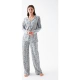 MiraLive Kadın Gri Desenli Düğmeli Pamuklu Pijama Takımı
