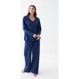 MiraLive Kadın Lacivert Düğmeli Yaka Detaylı Pamuklu Pijama Takımı - 2XL