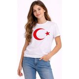 MiraLive Kız Çocuk Tişört Bisiklet Yaka Ay Yıldız Bayrak Baskılı T-Shirt - Beyaz - 15-16 Yaş