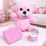 MiraLive Pembe Peluş Ayıcık Kar Küresi ve Pembe Çikolata Not Defteri