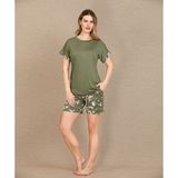 MiraLive Şık Tasarım Çiçek Desenli Yeşil Şortlu Kısa Kol Viskon Pijama Takımı
