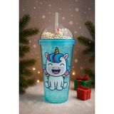 MiraLive Unicorn Temalı Suluk Pipetli Buzlu Cam Görünümlü 450 ml Çift Katman Mika Su Şişesi 2646 Mavi - Renkli