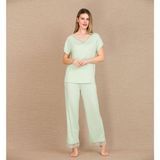 MiraLive Viskon Şık Tasarım Dantel Işlemeli Açık Yeşil Kısa Kol Pijama Takımı - XL