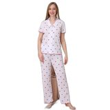 Mirano 1702 Kiraz Desenli Pointel İnce Kumaş Düğmeli Kısa Kollu Kadın Pijama Takımı, Beyaz, M