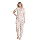 Mirano 1707 Ayıcık Desenli Pointel İnce Kumaş Düğmeli Kısa Kollu Kadın Pijama Takımı, Ekru, L