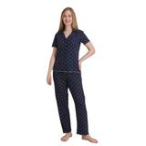 Mirano 1709 Çiçekli Pointel İnce Kumaş Düğmeli Kısa Kollu Kadın Pijama Takımı, Lacivert, M