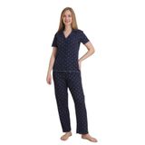 Mirano 1709 Çiçekli Pointel İnce Kumaş Düğmeli Kısa Kollu Kadın Pijama Takımı, Lacivert, XL