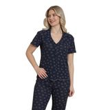 Mirano 1711 Kalp Desenli Pointel İnce Kumaş Düğmeli Kısa Kollu Kadın Pijama Takımı, Lacivert, M