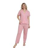 Mirano 1711 Kalp Desenli Pointel İnce Kumaş Düğmeli Kısa Kollu Kadın Pijama Takımı, Pembe, M