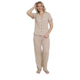 Mirano 1712 Minik Kalp Desenli Pointel İnce Kumaş Düğmeli Kısa Kollu Kadın Pijama Takımı, Bej, L
