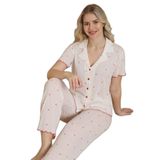Mirano 1712 Minik Kalp Desenli Pointel İnce Kumaş Düğmeli Kısa Kollu Kadın Pijama Takımı, Ekru, L
