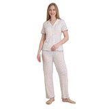 Mirano 1714 Çiçekli Pointel İnce Kumaş Düğmeli Kısa Kollu Kadın Pijama Takımı, Ekru, L