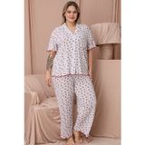 Mirano 1850 Çilekli Pointel İnce Kumaş Düğmeli Kısa Kollu Büyük Beden Kadın Pijama Takımı