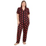 Mirano 2854 Kalpli Milan Kumaş Kısa Kollu Düğmeli Büyük Beden Kadın Pijama Takımı, Siyah, 3XL