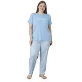 Mirano 3503 Çizgili Pijamalı Kısa Kollu Büyük Beden Pegasus Kumaş Kadın Pijama Takımı, Mavi, 3XL