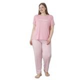 Mirano 3503 Çizgili Pijamalı Kısa Kollu Büyük Beden Pegasus Kumaş Kadın Pijama Takımı, Pembe, 2XL