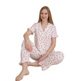 Mirano 3852 Kalp Desenli Bürümcük Gömlek Yaka Düğmeli Kısa Kollu Kadın Pijama Takımı, Beyaz, L